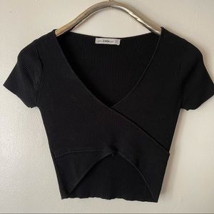 Zara Black Ribbed Cropped Cutout Baby Tee